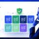 Business professional analyzing secure email verification dashboard with email icons, graphs, and shield security badge, representing best free email verifier tools.