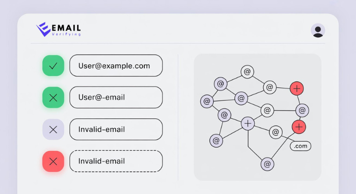 Visual comparison of valid and invalid email formats with network diagram showing email structure used in email format validation