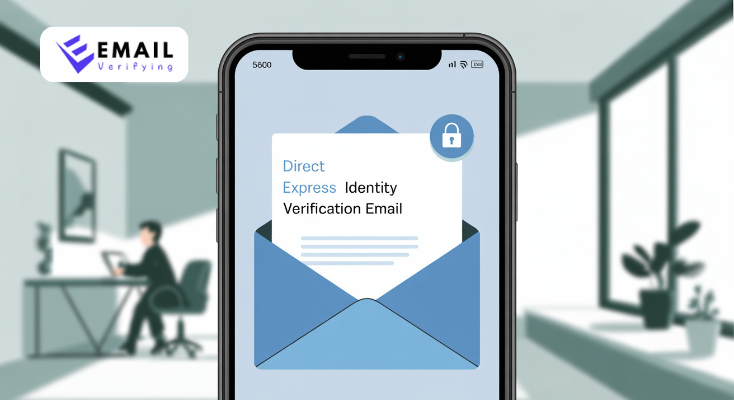 Mobile screen displaying a Direct Express identity verification email opened inside an envelope icon, symbolizing secure account access.